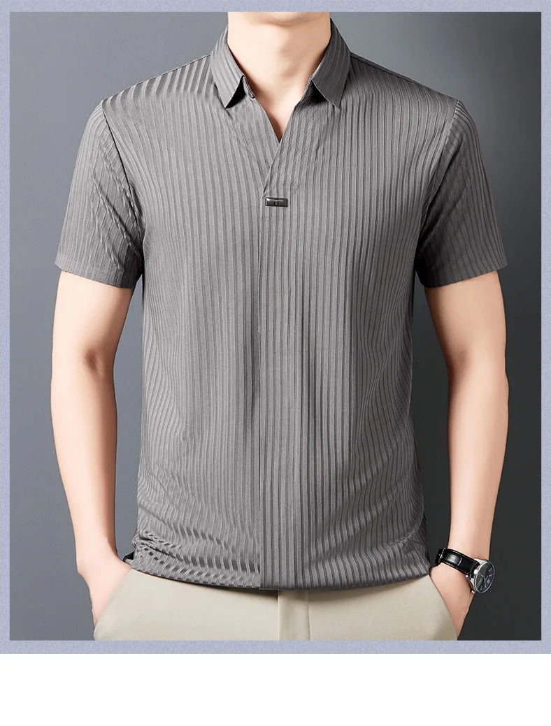 Men’s Breathable Ice Silk Stripe Polo Shirt – Summer Casual