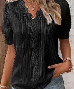 Elegant Women Blouse Shirt V Neck Lace Patchwork Short Sleeve Shirts For Women Summer Lady Tops White