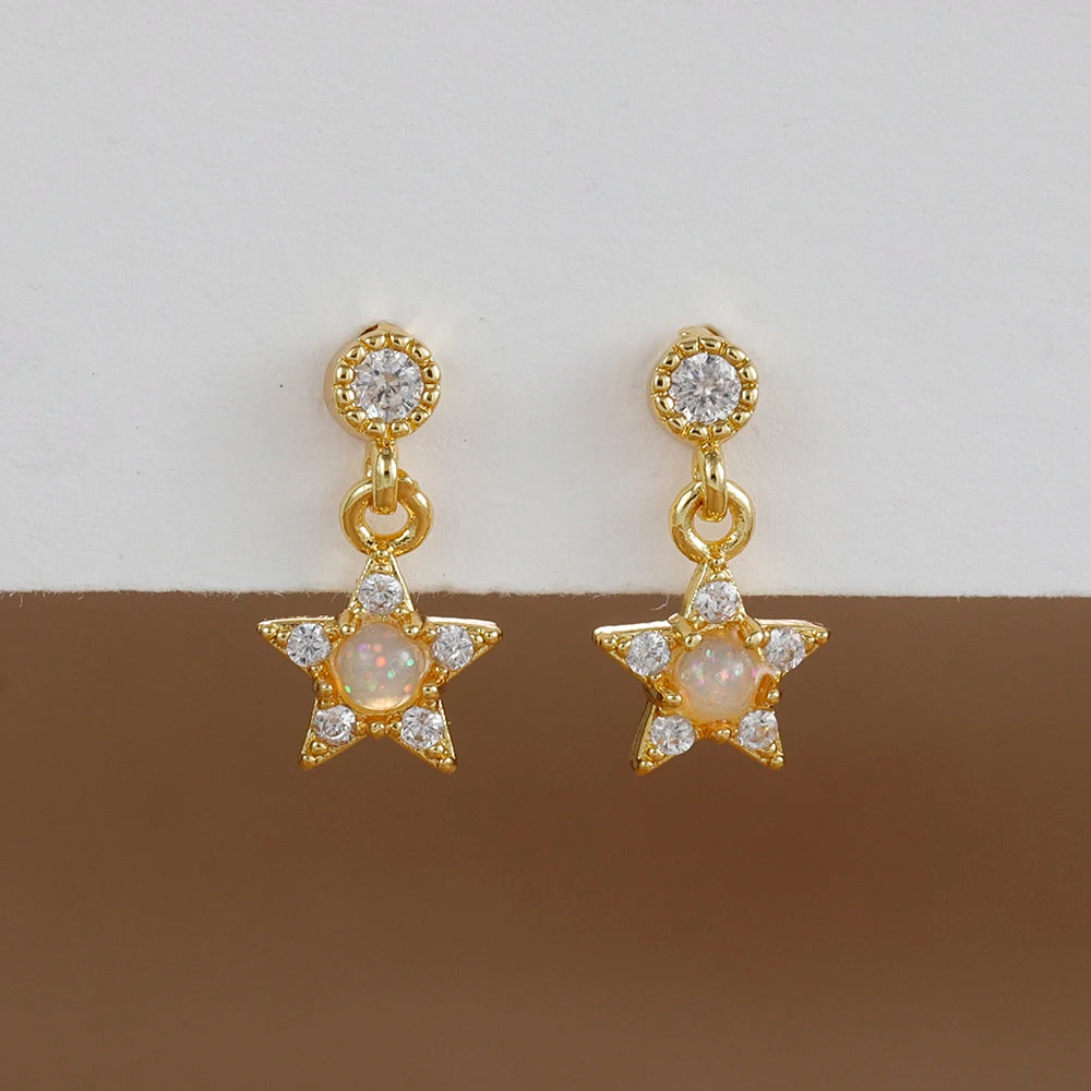 2PCS Star & Moon Opal Zircon Earrings – Stainless Steel Studs for Women