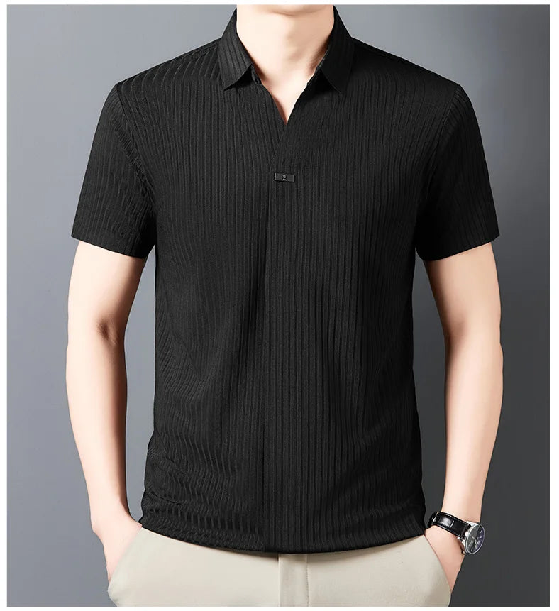 Men’s Breathable Ice Silk Stripe Polo Shirt – Summer Casual