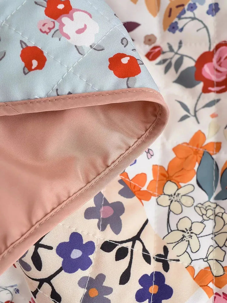 Women’s Quilted Floral Jacket – Vintage Loose Fit Winter Coat