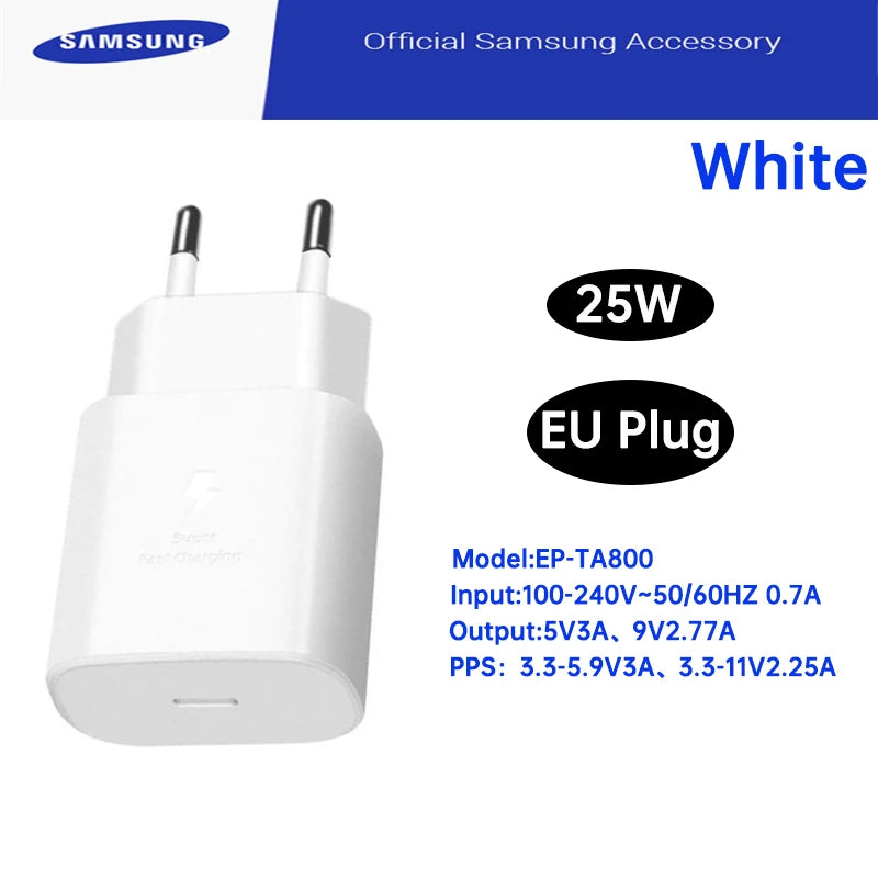 Ep-Ta800 Samsung 25w Pd Supercharger Usbc Charger Adaptador Galaxy S25 S24 FE S23 S22 S21 A54 A34 M54 Type C Fast Charging Cable
