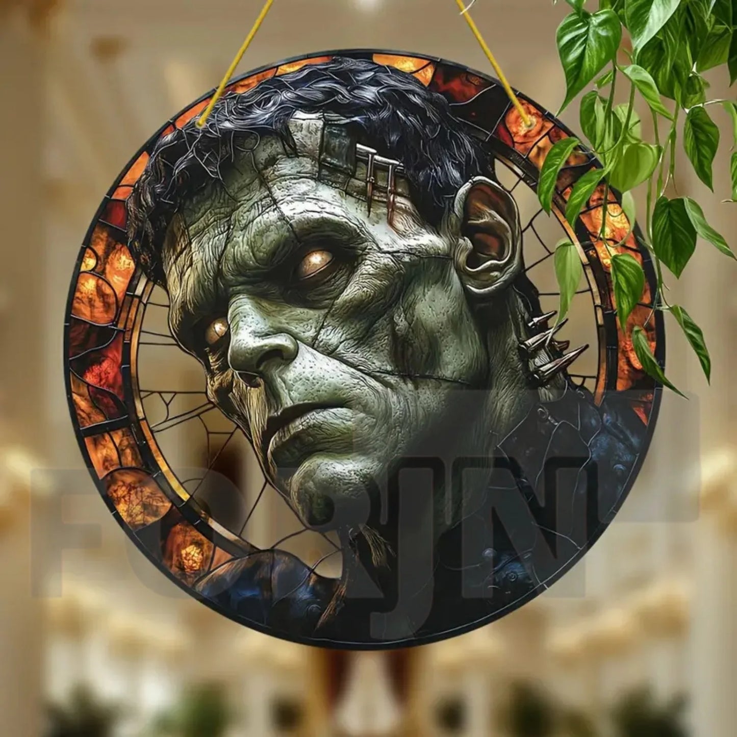 Horror Theme Stained Window Hanging Sun Catcher,Round Acrylic Translucent Sign,Halloween Decor for House,bar,Porch,Patio Garden
