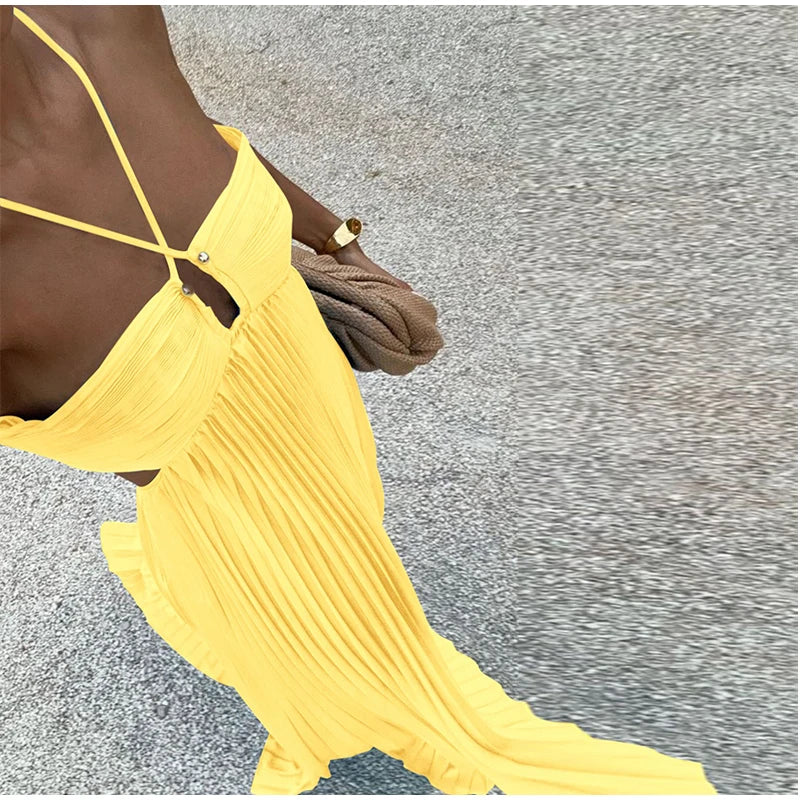 Women's Halter Backless Pleated Maxi Dress – Beach Vibes 2025