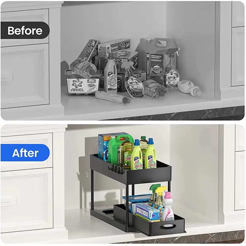 2-Tier Under Sink Organizer with Sliding Drawers & Hooks