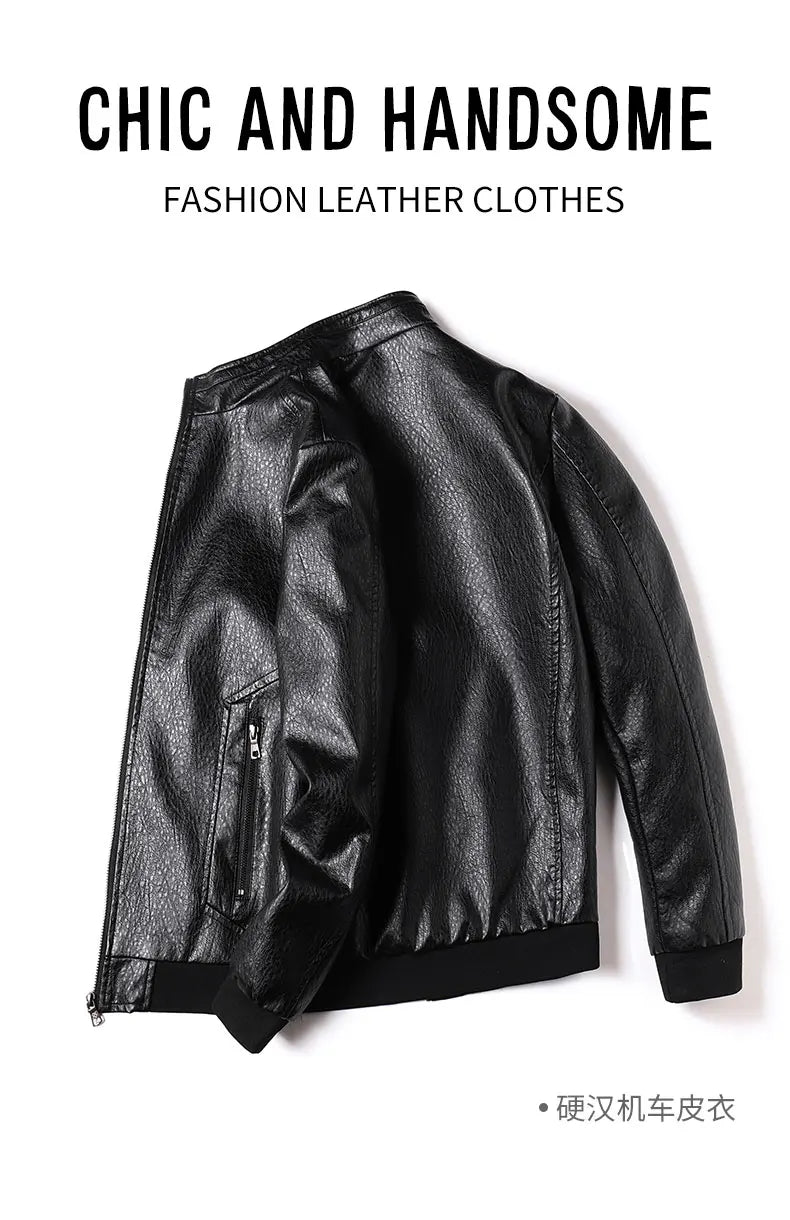 Leather Jacket Men Coats Motorcycle Autumn Travel Fleece Black Zipper Plus Size 6XL 7XL 8XL Oversized Winter Slanted Overcoat
