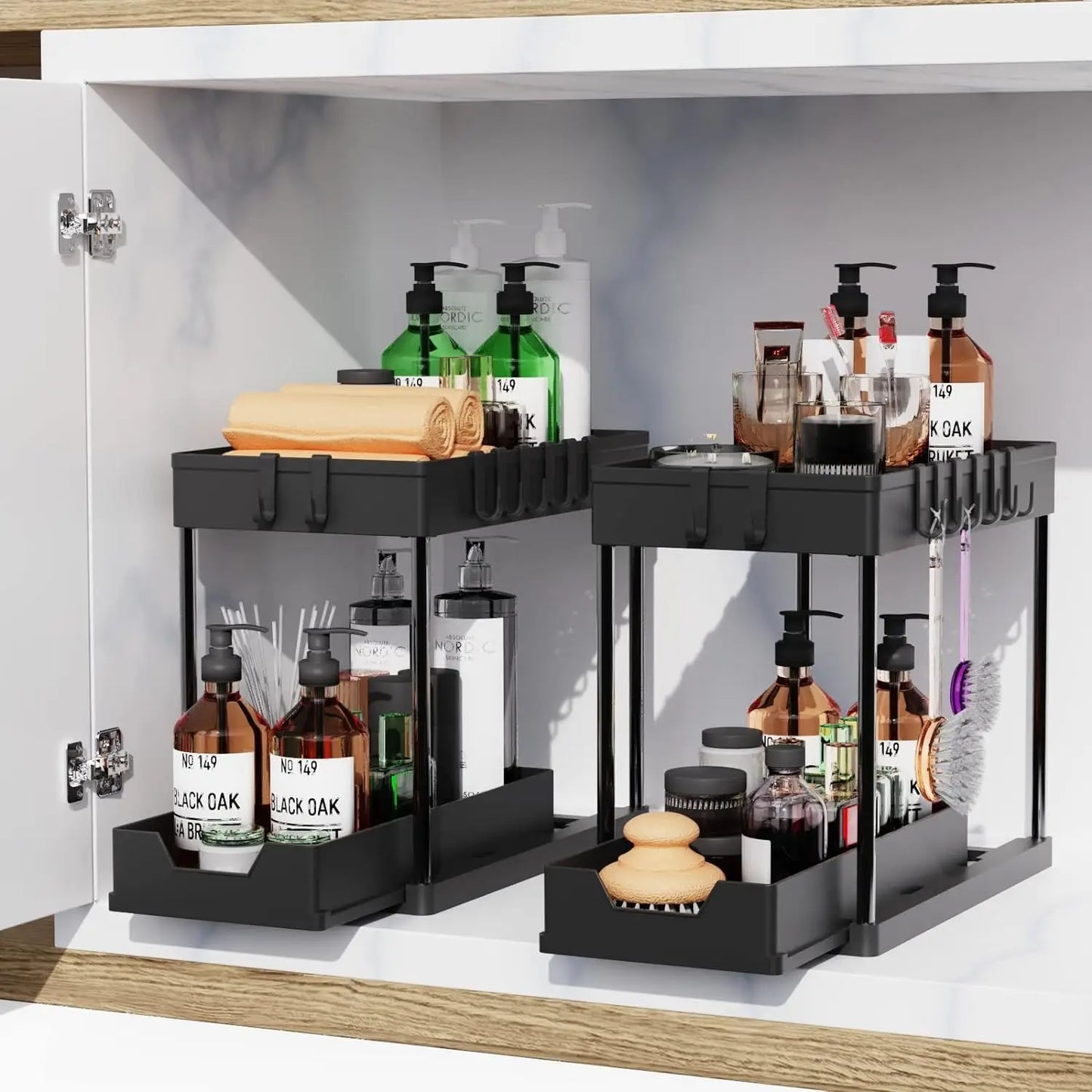 2-Tier Under Sink Organizer with Sliding Drawers & Hooks