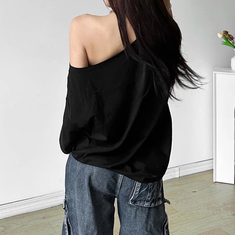 Casual Relax Woman T-shirt Letter 2025 Women Oversized One Shoulder Tops Versatile Street Atmosphere Style Fashionable Tops