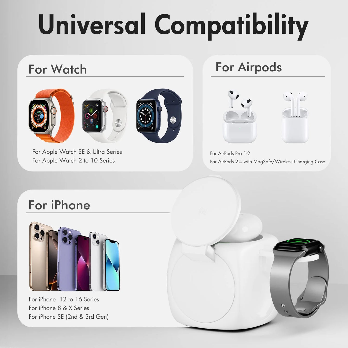 3-In-1 Magnetic Wireless Charging Station Foldable 15W Fast Charge 360 Rotating for IPhone 16 15 14 13 12 Pro/Pro Max/Plus
