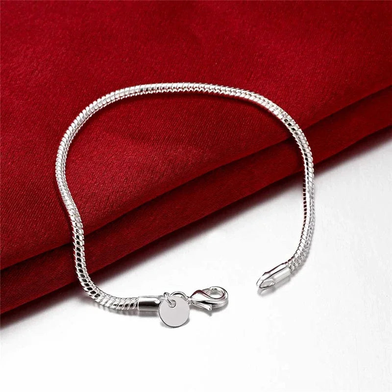 925 Sterling Silver 3mm Snake Chain 8 inches Basis Bracelet For Woman Charm Wedding Engagement Fashion Party Jewelry
