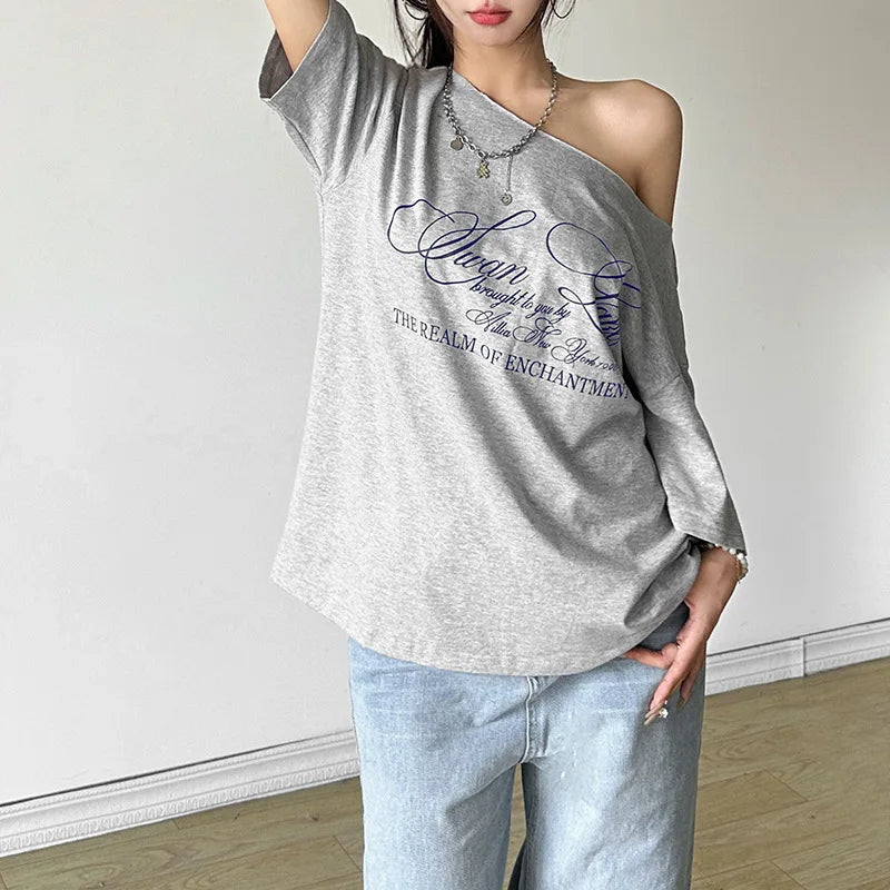 Casual Relax Woman T-shirt Letter 2025 Women Oversized One Shoulder Tops Versatile Street Atmosphere Style Fashionable Tops