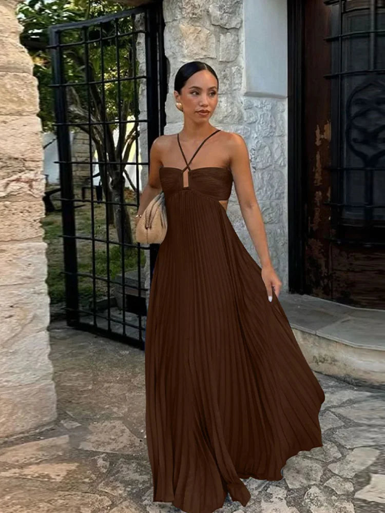 Women's Halter Backless Pleated Maxi Dress – Beach Vibes 2025