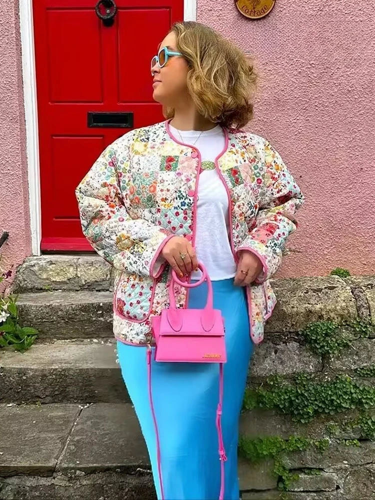 Women’s Quilted Floral Jacket – Vintage Loose Fit Winter Coat