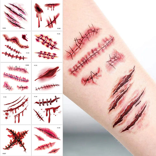 20 Sheets 3D Realistic Scar Tattoos - Waterproof Fake Bloody Wound Stickers for Halloween Cosplay Face & Body Makeup Adults