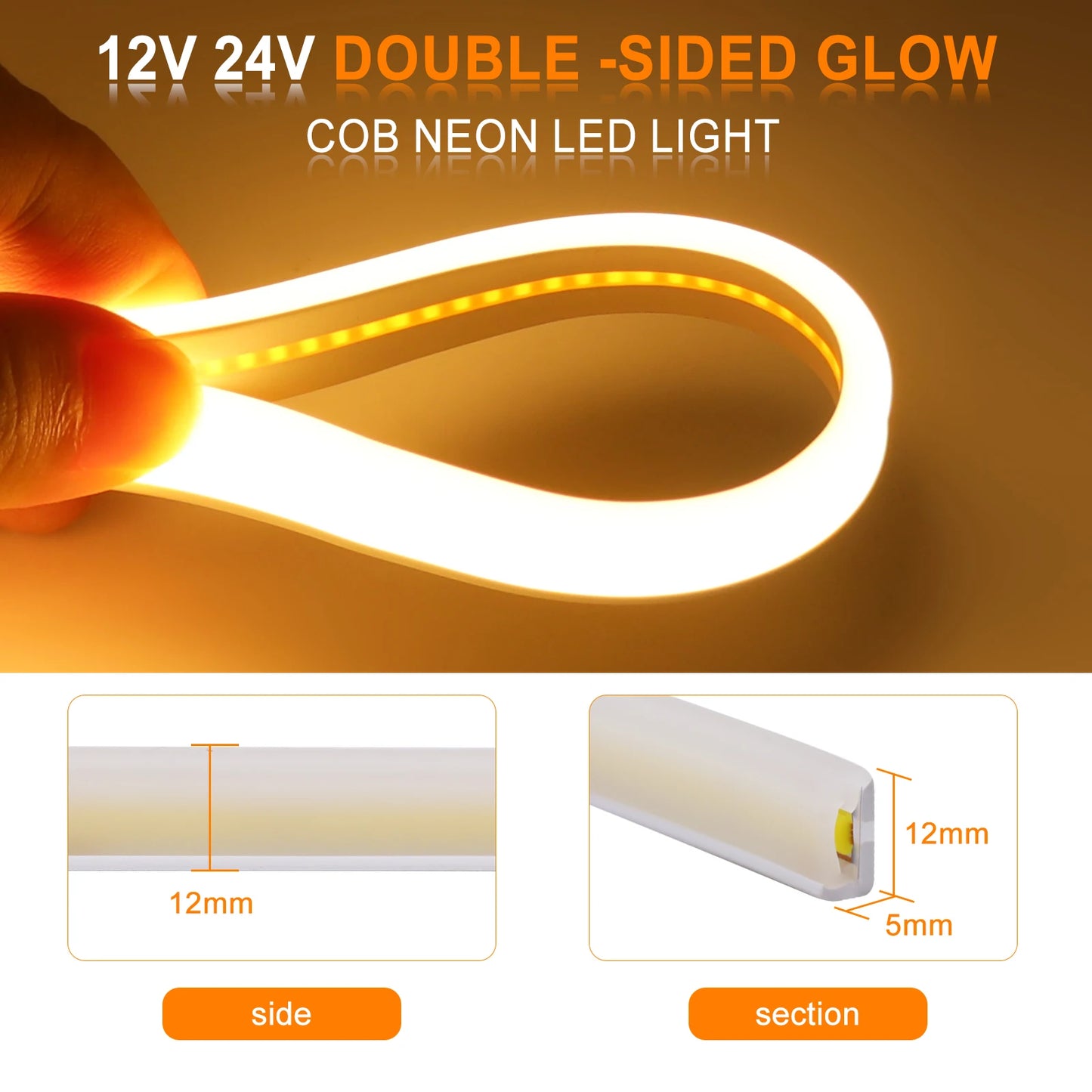 COB LED Strip Light – Dual Glow, Waterproof & Flexible (12V/24V)
