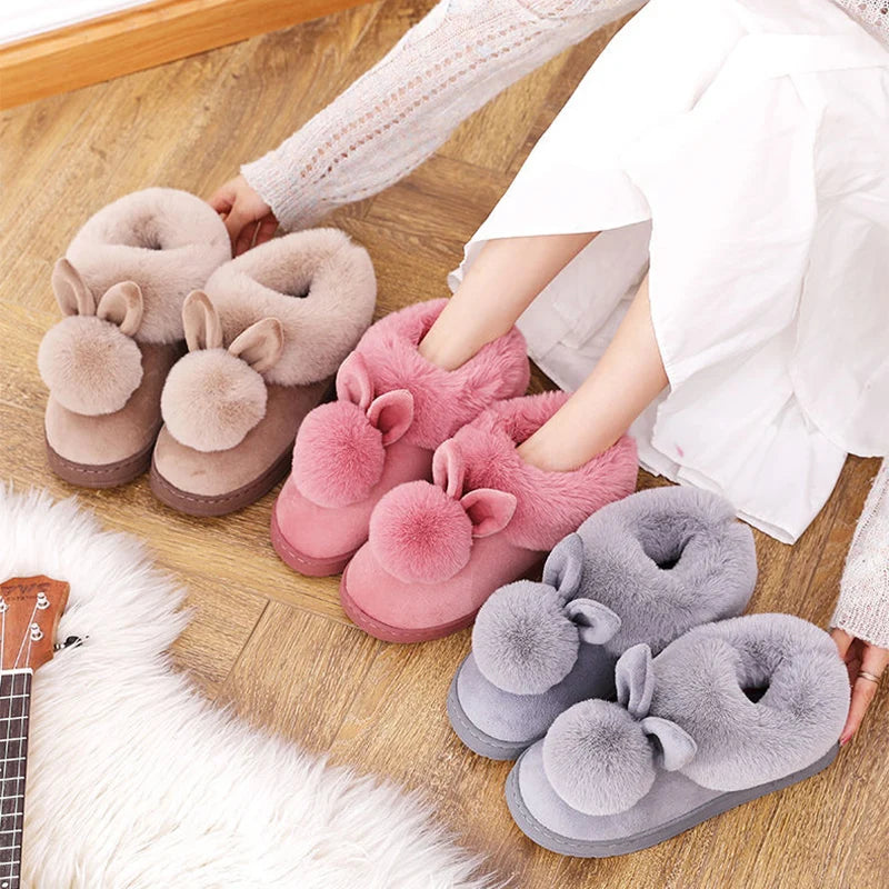 Winter Warm Home Fur Boots Womens Indoor Home Rabbit Shoe Furry Ears Footwear Indoor Bedroom Flat Heels Fluffy Ankle Boots