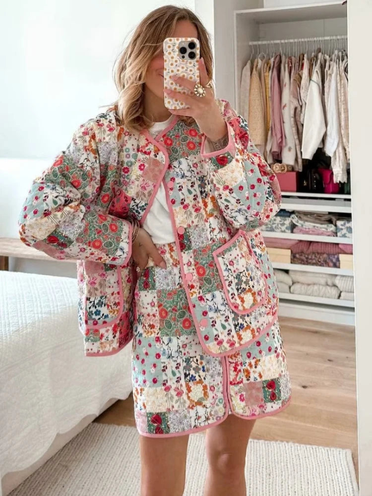 Women’s Quilted Floral Jacket – Vintage Loose Fit Winter Coat