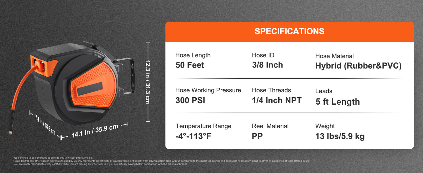 SucceBuy 50FT Retractable Air Hose Reel Wall-Mounted PVC Hose Automatic Rewinding Swivel Compressor for Automobile Maintenance