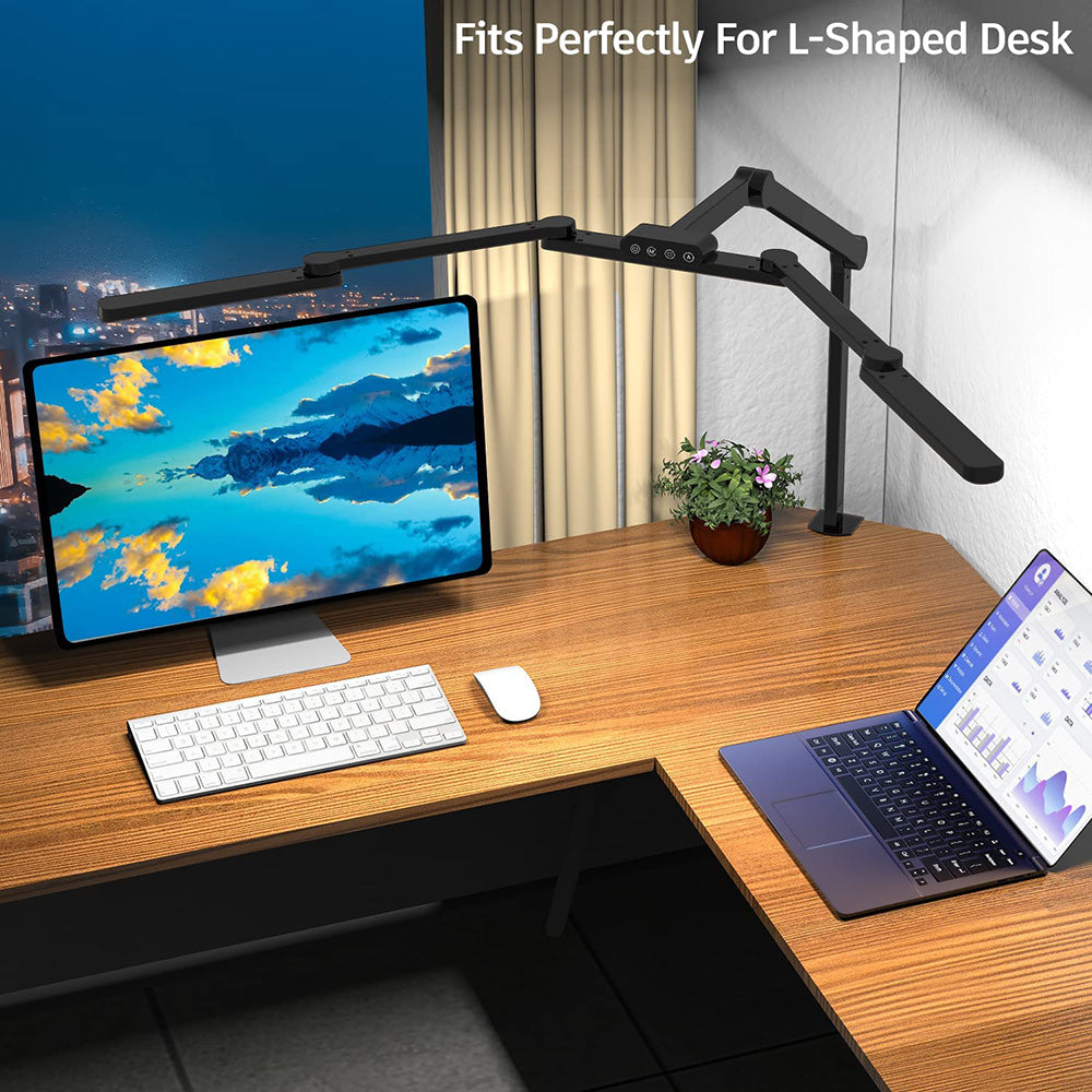 24W Double Head LED Desk Lamp Clip-on Swing Arm L-Shaped Architect Table Lamp Dimmable Transformable Reading Computer Light