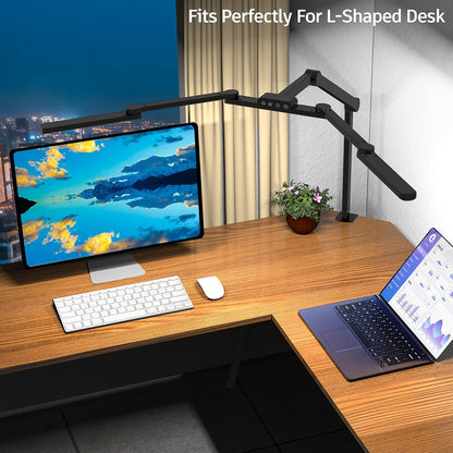 24W Double Head LED Desk Lamp Clip-on Swing Arm L-Shaped Architect Table Lamp Dimmable Transformable Reading Computer Light