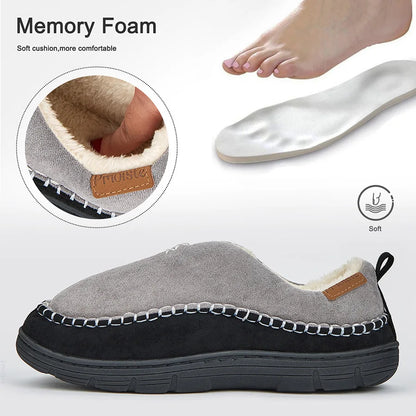 House Slippers For Men Sewing Patchwork Memory Foam Indoor Outdoor Shoes Warm Plush Street Winter Slippers Non-Slip Big Size