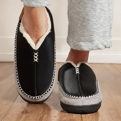 House Slippers For Men Sewing Patchwork Memory Foam Indoor Outdoor Shoes Warm Plush Street Winter Slippers Non-Slip Big Size