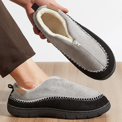 House Slippers For Men Sewing Patchwork Memory Foam Indoor Outdoor Shoes Warm Plush Street Winter Slippers Non-Slip Big Size