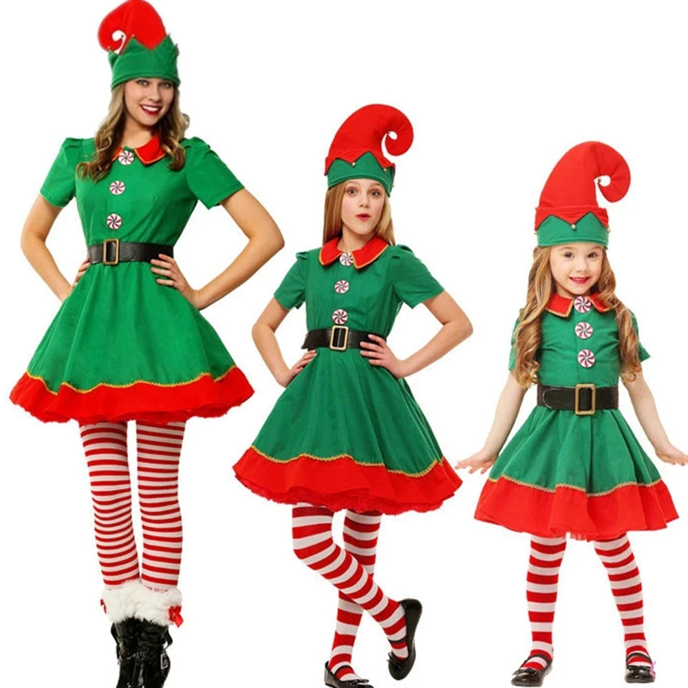 2025 Christmas Elf Costume Girls Xmas Santa Claus Green Elf Dress For Kids Adults Family Matching Outfits Cosplay Clothing