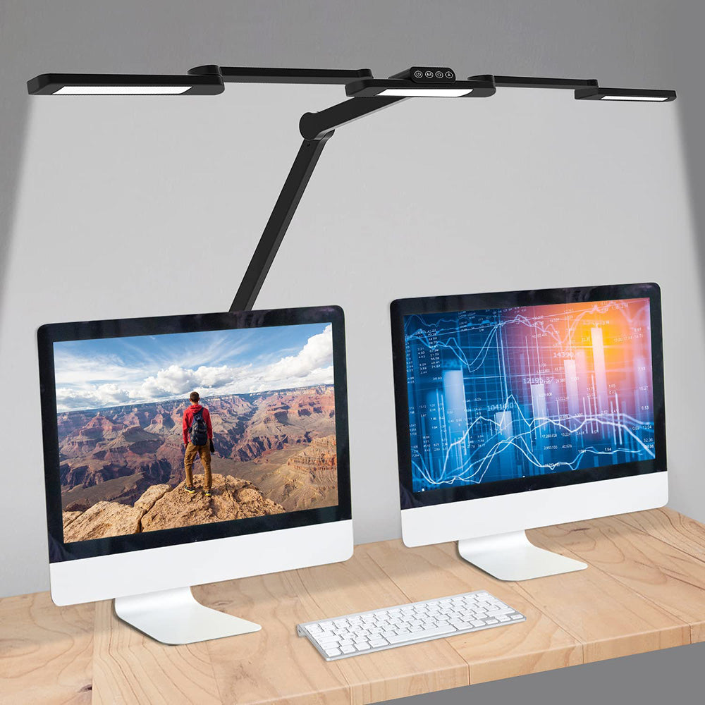 24W Double Head LED Desk Lamp Clip-on Swing Arm L-Shaped Architect Table Lamp Dimmable Transformable Reading Computer Light