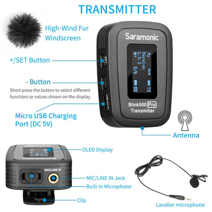 Saramonic Blink500 Pro Wireless Lavalier Microphone for iPhone Android PC Computer DSLR Cameras Youtube Recording Streaming Vlog