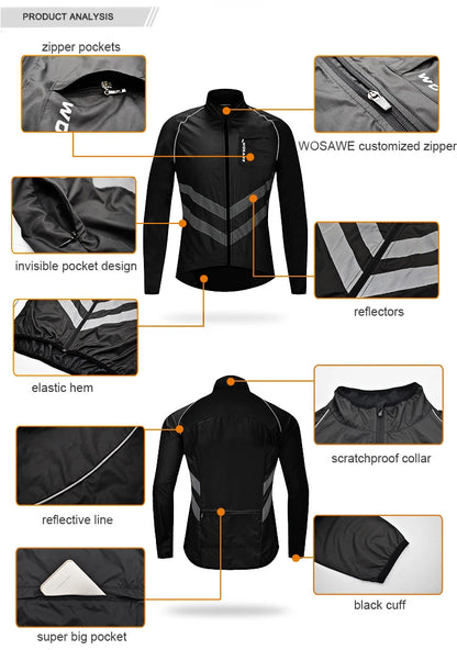 WOSAWE Ultralight Men's Cycling Windbreaker Reflective Jacket Windproof Bike Jacket Water Resistant MTB Road Bicycle Long Jersey