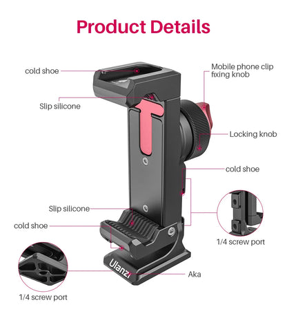 Ulanzi ST-27 Metal Phone Holder Clamp With Cold Shoe Arca 360°Rotatable tripod Mount Clip for TikTok Vlog Photography