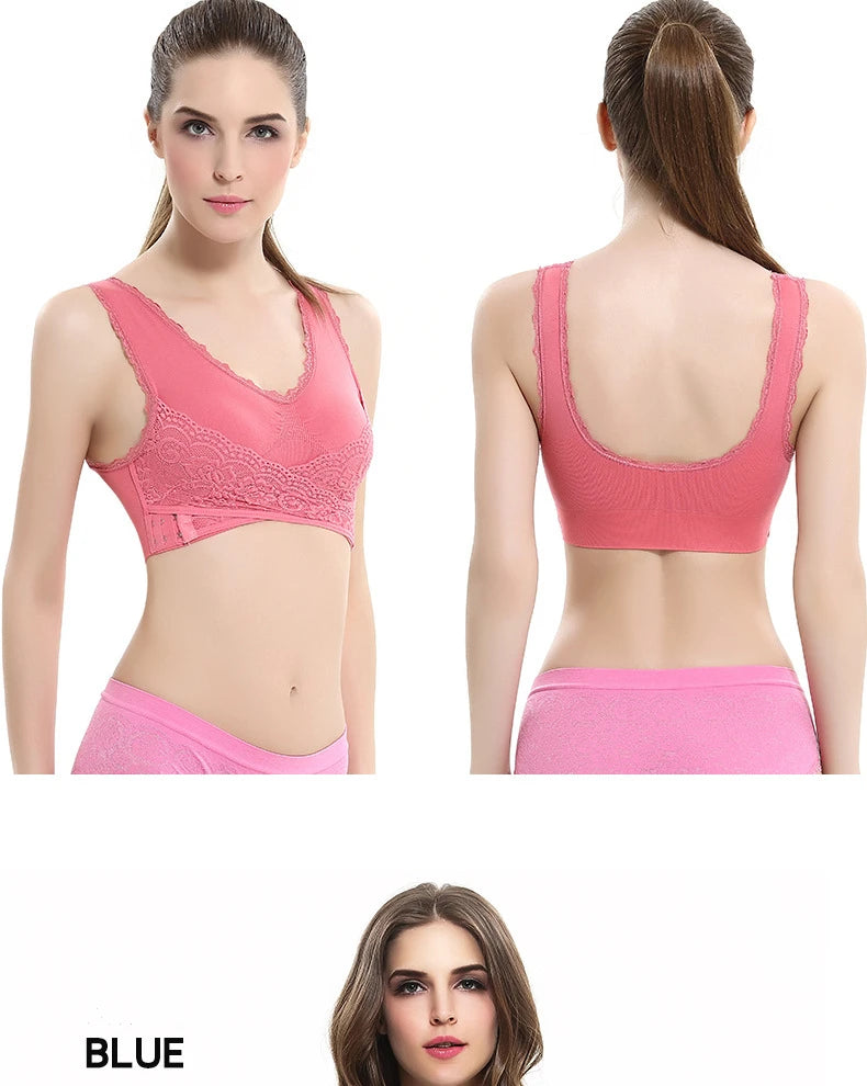 Women's Front Cross Buckle Lace Bra – Wire-Free, Full Coverage & Adjustable for Yoga & Everyday Wear