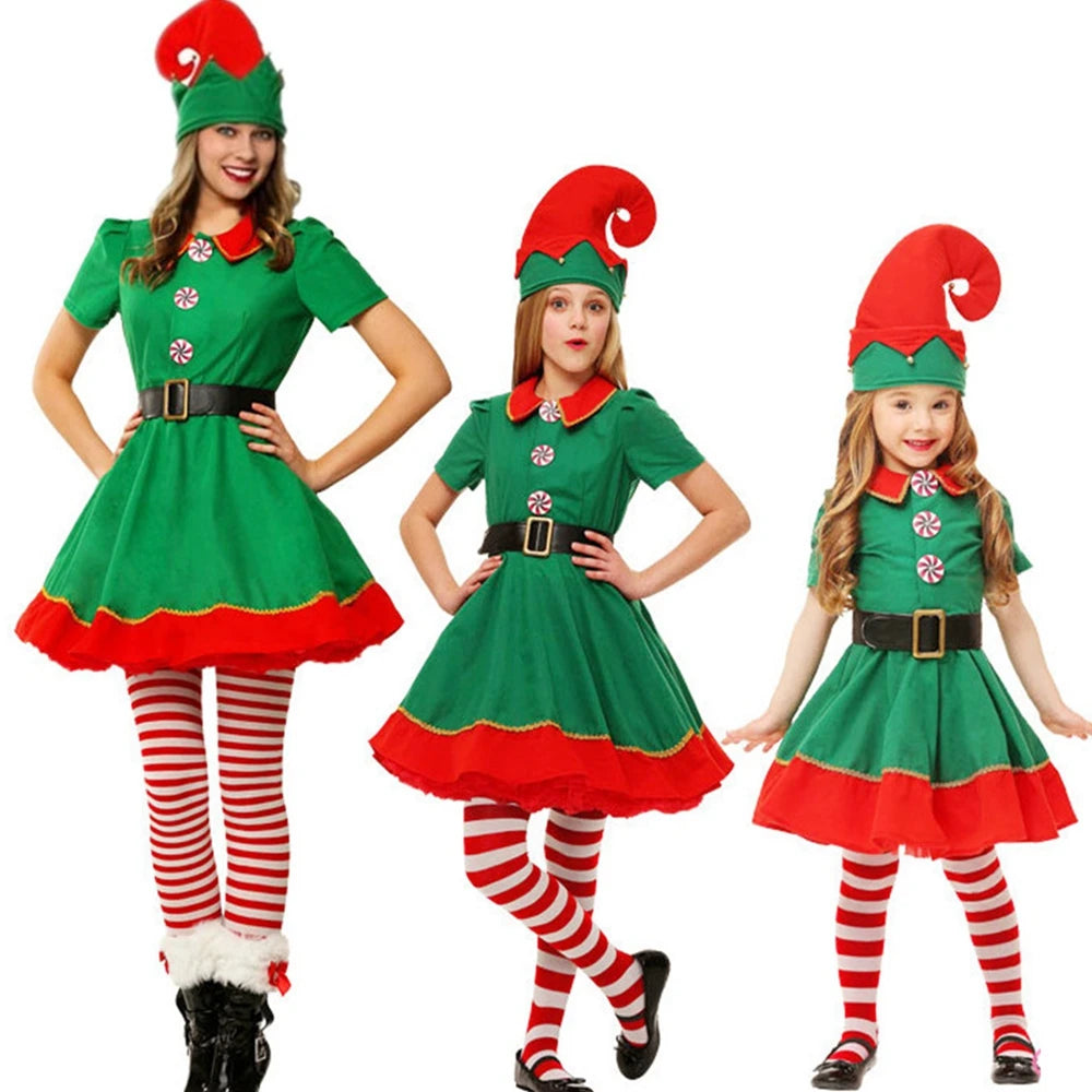Adult and Boys Christmas Green Elf Cosplay Costume Xmas Party New Year Santa Claus Hat Belt Socks Shoe Cover Dress Clothes Set