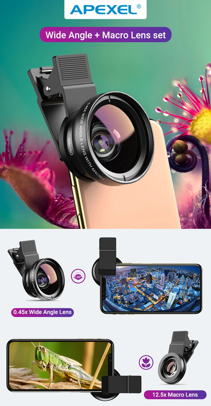 APEXEL 2-in-1 Phone Camera Lens – 0.45x Wide + 12.5x Macro