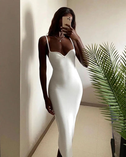 Summer Women's Bandage Dress Sleeveless Sexy V-Neck Dress Club Evening Party Dresses Midi Spaghetti Strap Bodycon Elegant