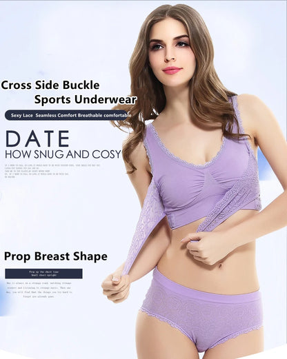 Women's Front Cross Buckle Lace Bra – Wire-Free, Full Coverage & Adjustable for Yoga & Everyday Wear