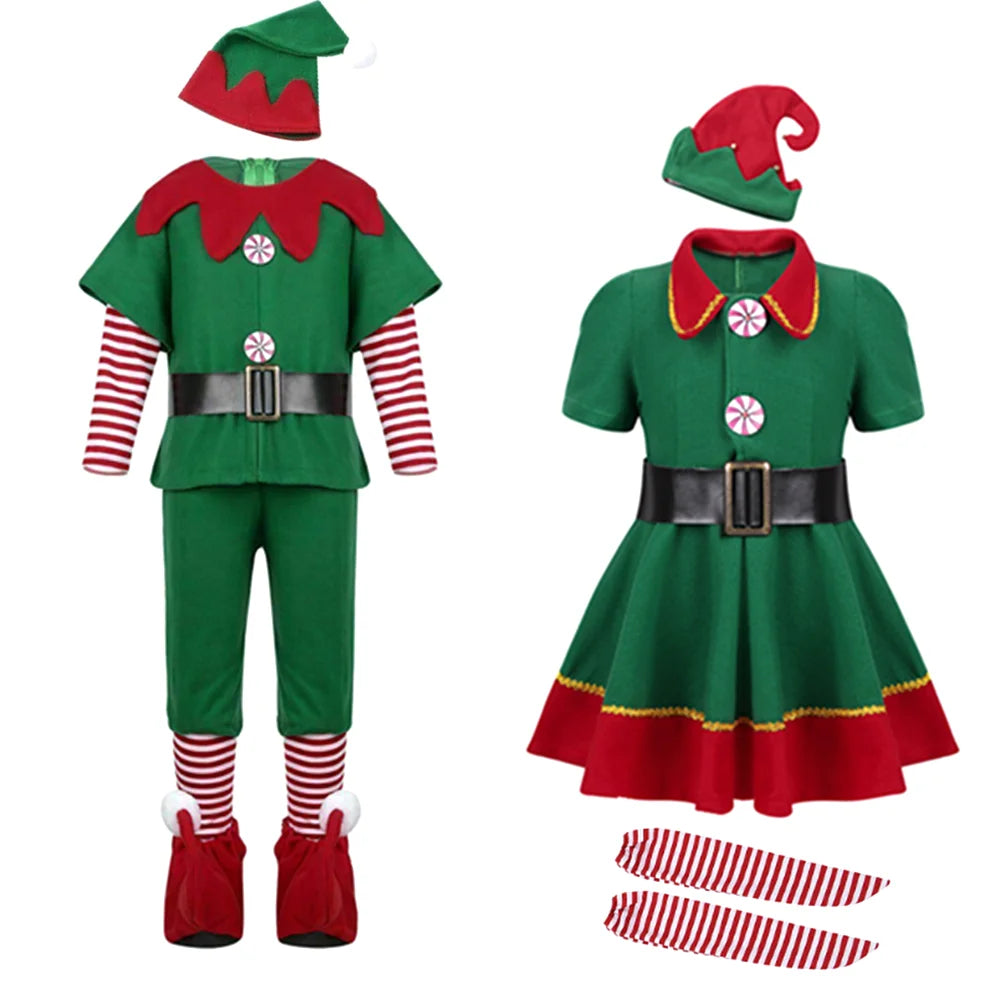 Adult and Boys Christmas Green Elf Cosplay Costume Xmas Party New Year Santa Claus Hat Belt Socks Shoe Cover Dress Clothes Set