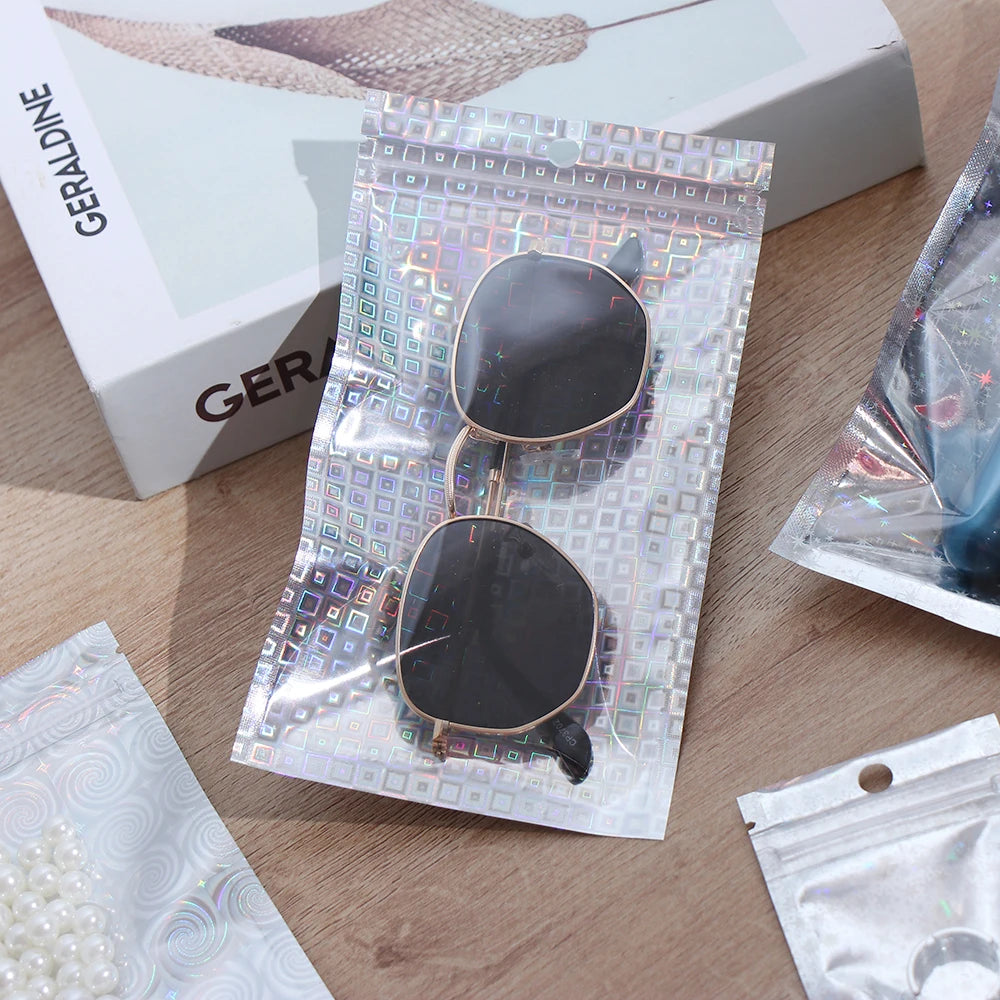 10 Pcs Zip Plastic Packaging Bag Aluminum Foil Hologram Laser Food Pouch Small Waterproof Zipper Storage Reclosable Pouches