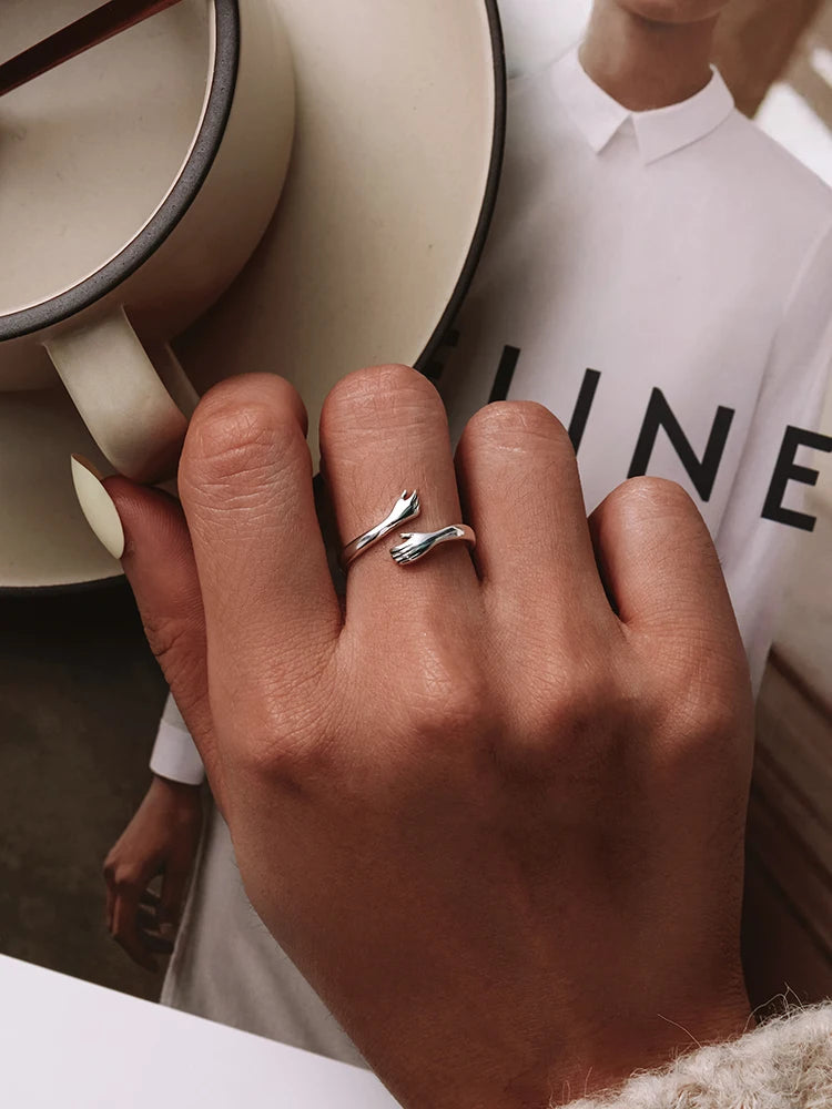 BAMOER 925 Sterling Silver Hug Open Ring Warmth and Love Hand Adjustable for Women Party Jewelry, His Big Loving Family Gift