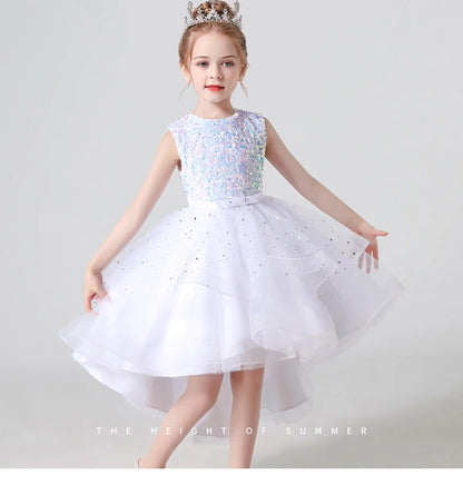 2023 Hot style Summer Sequin Lace Tuxedo Wedding Dress for girls 3-13 years old Sleeveless fluffy Mesh gauze Doveark brand