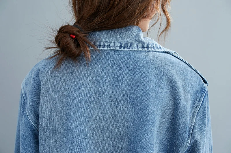 2025 Women's Denim Trench Coat Autumn Double Breasted Belted Casual Jean Overcoat Loose Long Windbreaker Jacket Couple Models