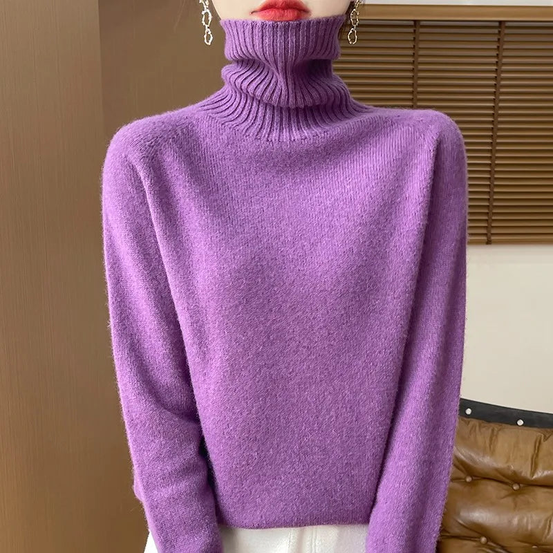 Women's Clothing New Fashion Autumn And Winter Merino Wool Pullover Solid Color Long Sleeve Basic Thermal Top 100% Wool Sweater