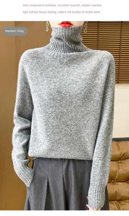 Women's Clothing New Fashion Autumn And Winter Merino Wool Pullover Solid Color Long Sleeve Basic Thermal Top 100% Wool Sweater