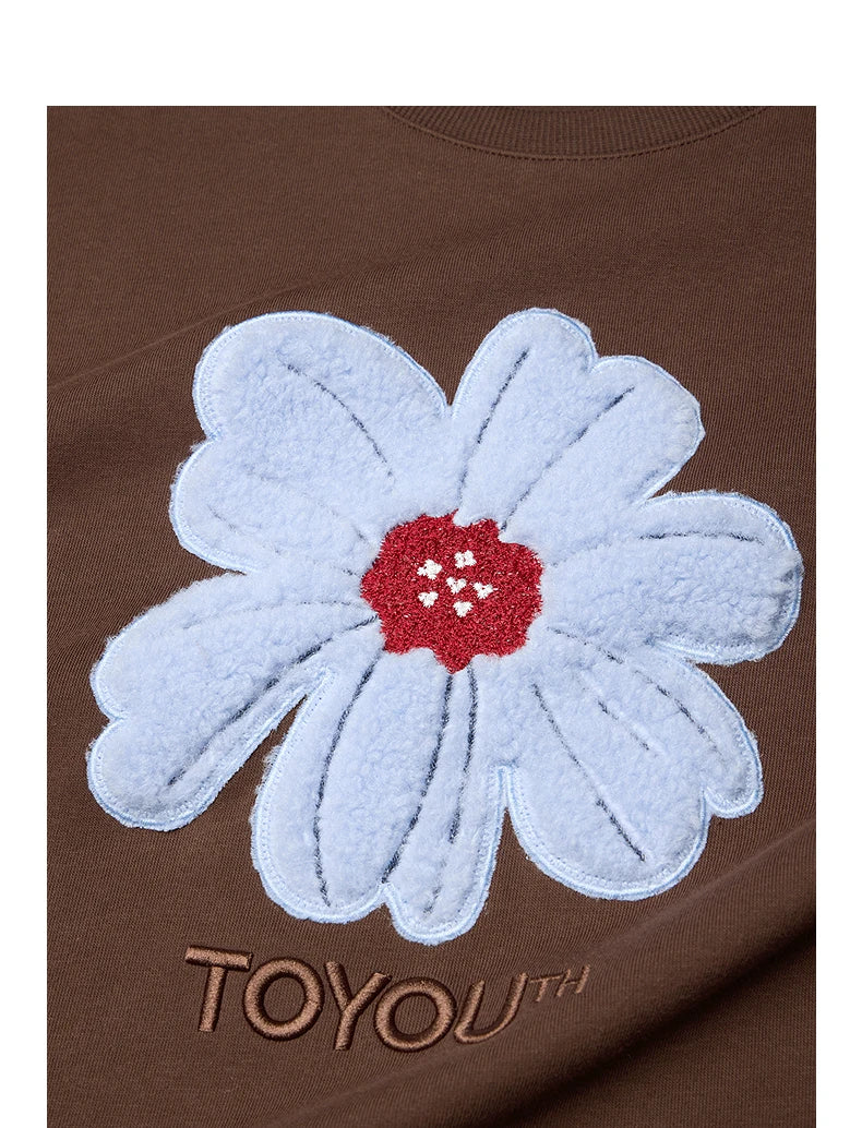 TOYOUTH Women Hoodies Sweatshirt 2025 Autumn New Plush Flower Printed Contrasting Color Splicing Fake Two Piece Cotton Pullover