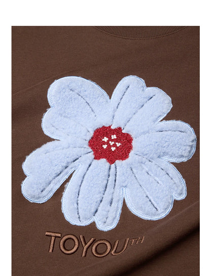 TOYOUTH Women Hoodies Sweatshirt 2025 Autumn New Plush Flower Printed Contrasting Color Splicing Fake Two Piece Cotton Pullover