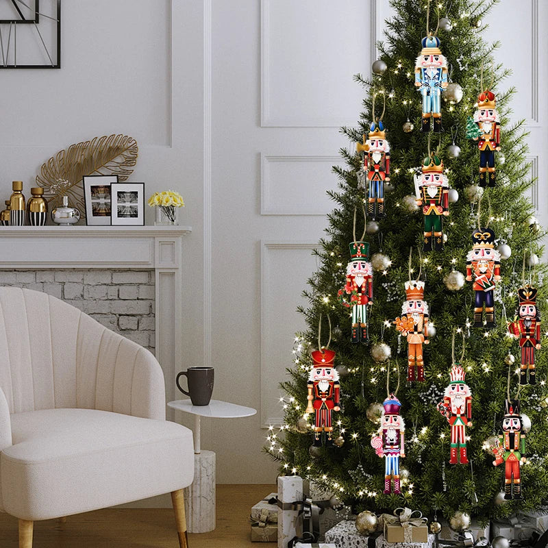 12Pcs Wooden Nutcracker Soldier Pendant Xmas Tree Hanging Ornament 2024 Christmas Decoration for Home Navidad 2025 New Year Gift