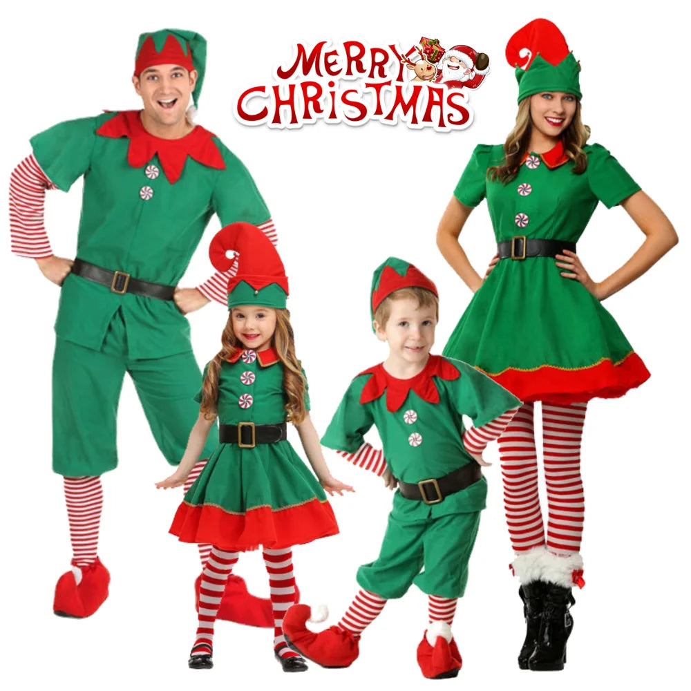 Adult and Boys Christmas Green Elf Cosplay Costume Xmas Party New Year Santa Claus Hat Belt Socks Shoe Cover Dress Clothes Set