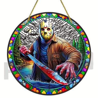 Horror Theme Stained Window Hanging Sun Catcher,Round Acrylic Translucent Sign,Halloween Decor for House,bar,Porch,Patio Garden
