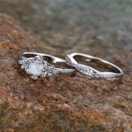 Elegant White Fire Opal Flower Engagement Ring Set for Women